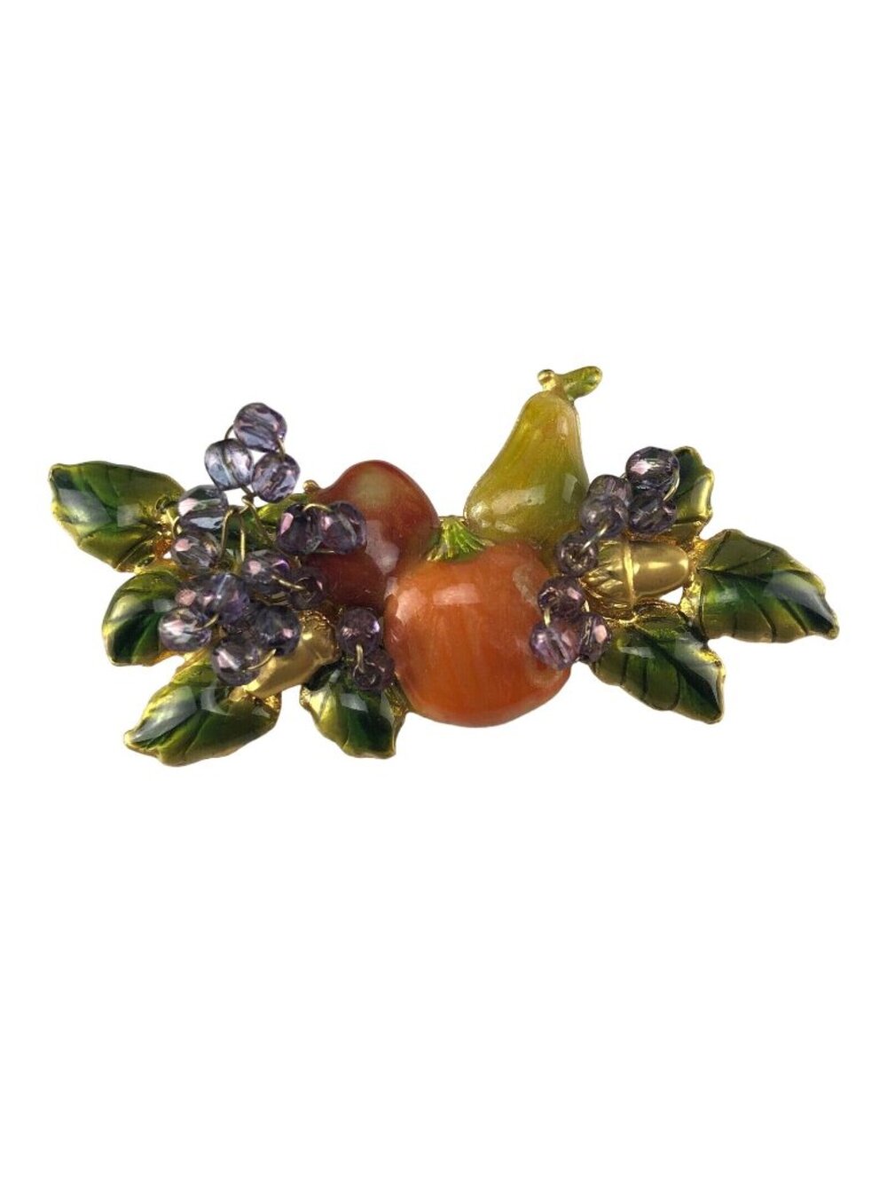 Vintage Gold Tone Enamel Fruit Beaded Brooch